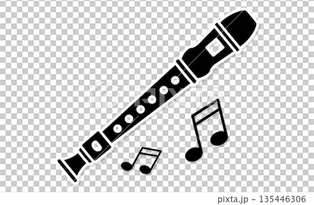 教科アイコン：音楽（リコーダーと音符）のシンプルなモノクロイラストアイコン 135446306