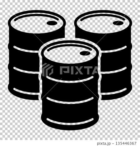 Simple black and white icon of three oil drums 135446367