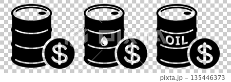 Black and white simple icon of crude oil drum and dollar sign 135446373
