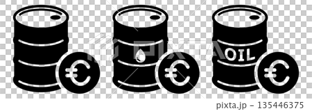 原油桶和歐元符號的黑白簡約圖標 原油桶和歐元符號的黑白簡約圖標 135446375
