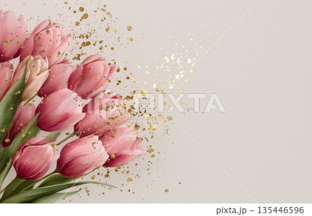 Bouquet of pink tulips with gold accents on a light background during spring season Bouquet of pink tulips with gold accents on a light background during spring season 135446596