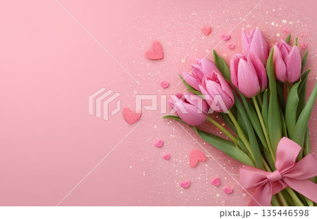 Spring flowers arranged on a pink background with small hearts and a ribbon Spring flowers arranged on a pink background with small hearts and a ribbon 135446598