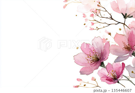 Cherry blossoms in pink colors with branches and leaves on a plain background during spring season 135446607