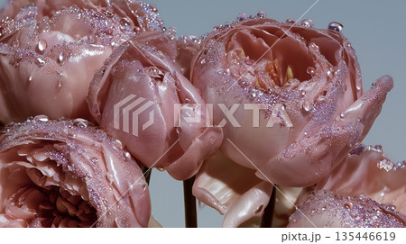 Close-up view of pink flowers with droplets of water on petals in a simple display setting 135446619