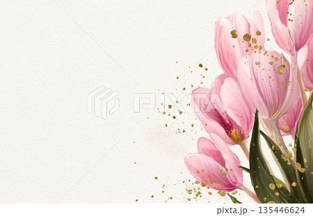 Pink tulips with gold details on a plain background with a focus on the flowers and their colors 135446624