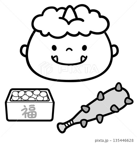 節分の鬼とアイテムのぬり絵用白黒イラスト　子供向け線画素材 135446628