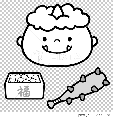 節分の鬼とアイテムのぬり絵用白黒イラスト　子供向け線画素材 135446628