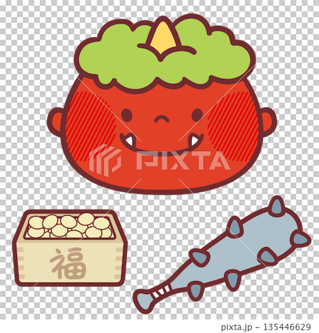 にこにこ笑顔の赤鬼と節分アイテムのかわいいイラスト 135446629