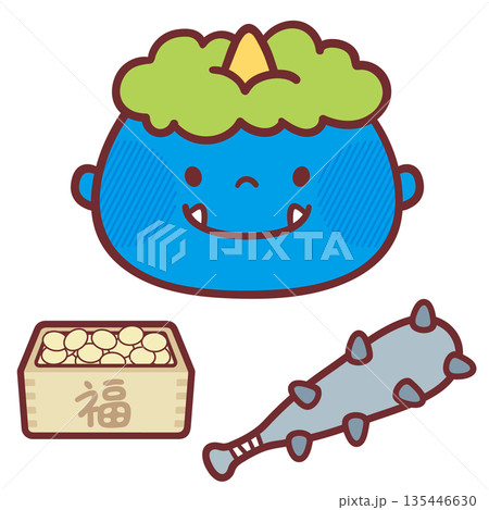 にこにこ笑顔の青鬼と節分アイテムのかわいいイラスト 135446630