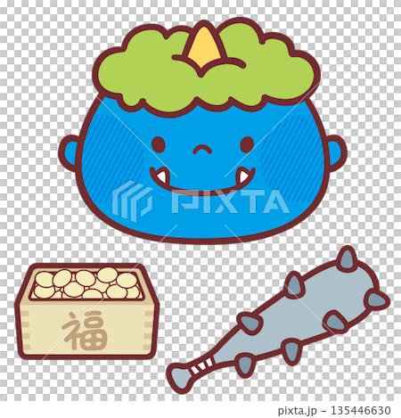 A cute illustration of a smiling blue demon and Setsubun items 135446630