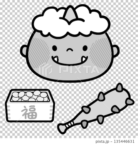 にこにこ笑顔の鬼と節分アイテムのモノクロイラスト にこにこ笑顔の鬼と節分アイテムのモノクロイラスト 135446631