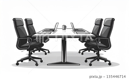 シンプルなモノトーンのミーティングスペースとノートパソコン。テレワークや企業研修のイメージ素材。 135446714
