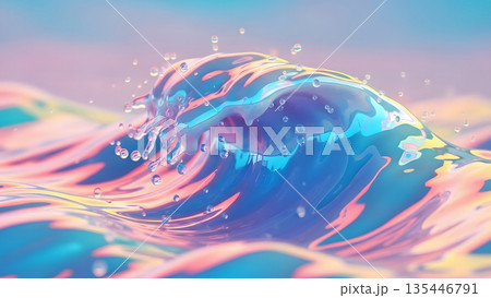 Glossy Pastel Neon Wave CloseUp with Fluid Reflections and Water Droplets. High Resolution 3D CGI Hero Image with Spacious Top Negative Space for Advertising, Banner and Branding Use 135446791