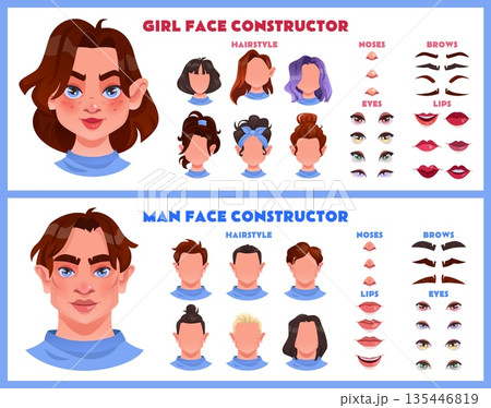 Face construction. Male and female avatar. Cartoon characters generator kit. Mouth and nose. Eye with brow. Facial animation. Smile lips. Young man and woman. Vector human constructor elements set 135446819