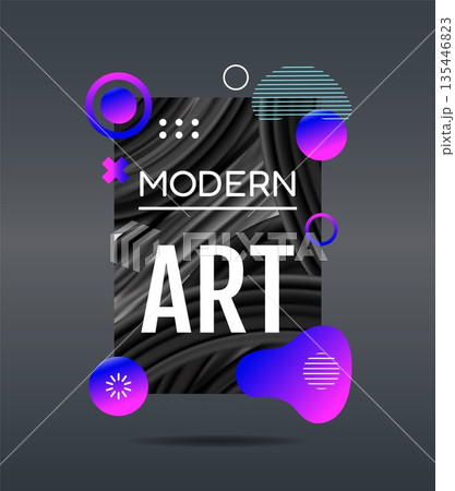 Abstract graphic design frame. Modern art card. Flat gradient spots. Curve forms. Wire curls cover. Line circles. Color cross. Creative memphis background. Flyer layout. Vector geometric web banner 135446823