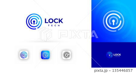Lock Logo Icon Cyber Security Data Information Technology, Key Fingerprint Protect System, Finger Print Access, Unique Keyhole, Digital Padlock, Network Safe, Line Sign Identity. Vector Illustration 135446857