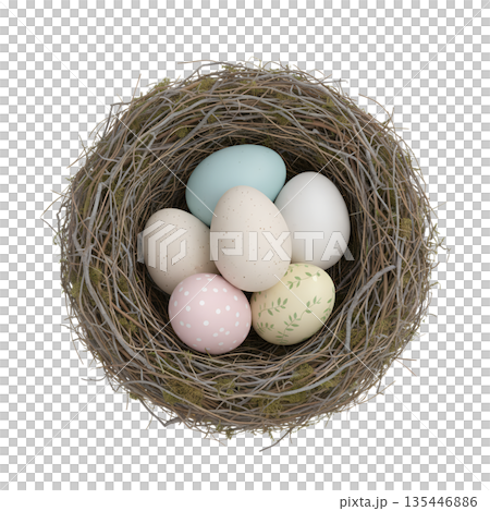 Cozy bird's nest filled with pastel-colored easter eggs, symbolizing spring, new beginnings, and the easter holiday on an isolated background Cozy bird's nest filled with pastel-colored easter eggs, symbolizing spring, new beginnings, and the easter holiday on an isolated background 135446886