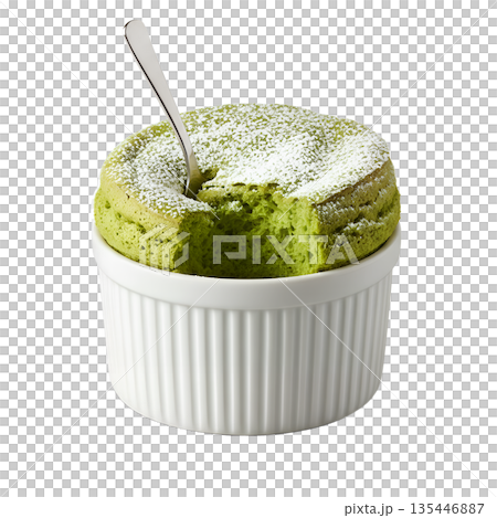 Matcha green tea souffle in white ramekin with a spoon, perfect for japanese desserts and elegant baking Matcha green tea souffle in white ramekin with a spoon, perfect for japanese desserts and elegant baking 135446887