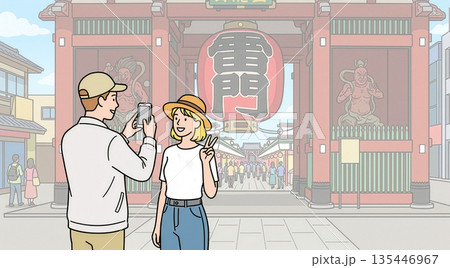 日本の伝統的な街並みを観光する外国人旅行者の男女のイラスト 135446967
