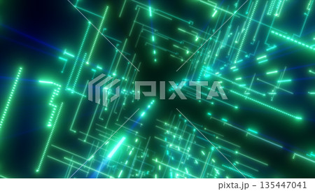 Abstract teal and green luminous digital grid forming a dynamic tunnel of light and technology 135447041