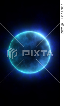 Glowing blue energy sphere with soft electric texture floating in a dark space 135447054