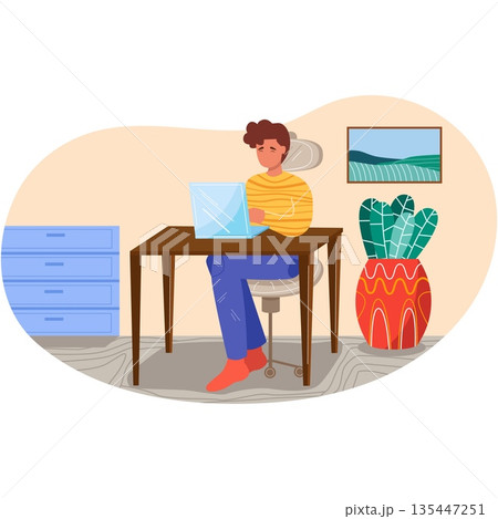 Man office worker sitting at desk work on laptop 135447251