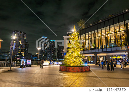 : Kアリーナ横浜 ミュージックテラスのクリスマスツリーとみなとみらいの夜景 : Kアリーナ横浜 ミュージックテラスのクリスマスツリーとみなとみらいの夜景 135447270