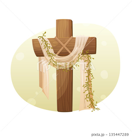 Wooden cross with white cloth and olive branches christian easter religious illustration 135447289