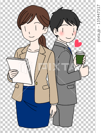 Illustration of a man with a crush on a woman, workplace romance, with hearts Illustration of a man with a crush on a woman, workplace romance, with hearts 135447317