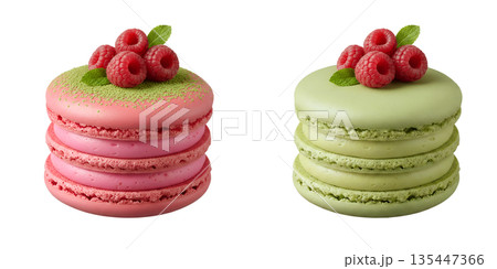 Vibrant assortment of gourmet macarons in matcha green and raspberry pink, with fresh raspberries, isolated. Perfect for patisserie and gifts 135447366