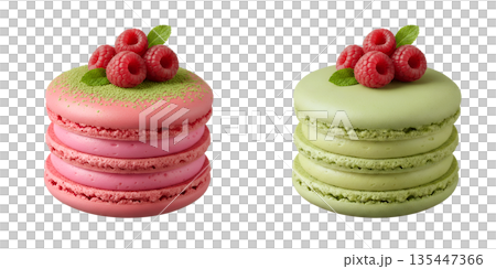 Vibrant assortment of gourmet macarons in matcha green and raspberry pink, with fresh raspberries, isolated. Perfect for patisserie and gifts Vibrant assortment of gourmet macarons in matcha green and raspberry pink, with fresh raspberries, isolated. Perfect for patisserie and gifts 135447366