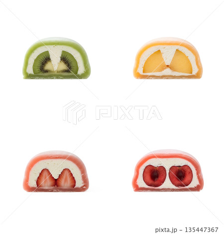 Japanese fruit daifuku: kiwi, peach, cherry, strawberry flavors, isolated. Perfect for trendy dessert content 135447367