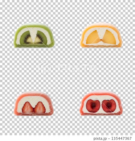 Japanese fruit daifuku: kiwi, peach, cherry, strawberry flavors, isolated. Perfect for trendy dessert content 135447367