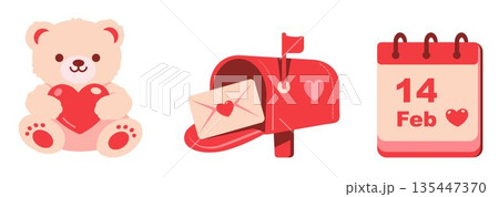 Cute vector icons for Valentines Day: a teddy bear with a heart, a red mailbox with a love letter, and a calendar marking February 14th. Sweet and festive. Stickers, scrapbook 135447370