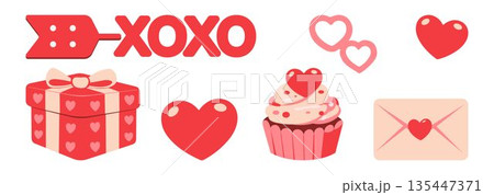 Valentines day vector illustration with hearts, gift box, cupcake and envelope. Stickers, scrapbook 135447371