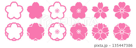 桜と八重桜のフラットアイコンセット ピンク 春の花シンボル 135447386