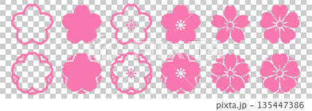 桜と八重桜のフラットアイコンセット ピンク 春の花シンボル 135447386