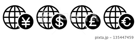 円・ドル・ユーロ・ポンドと地球の為替・国際金融アイコンセット 円・ドル・ユーロ・ポンドと地球の為替・国際金融アイコンセット 135447459