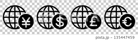 Exchange and international finance icon set of yen, dollar, euro, pound and earth 135447459