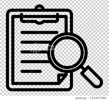A simple icon of a clipboard and magnifying glass representing document check and document confirmation A simple icon of a clipboard and magnifying glass representing document check and document confirmation 135447460