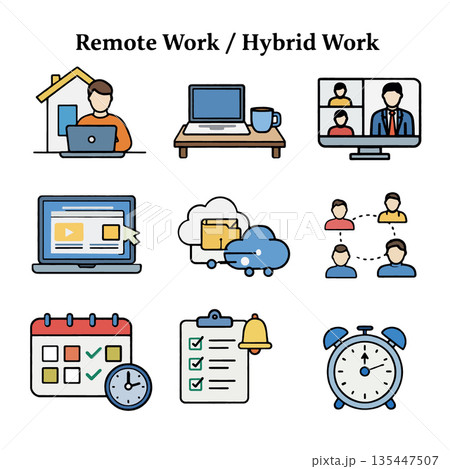 Remote work hybrid work home office laptop video call cloud storage online meeting calendar checklist and time management icons illustrate modern flexible work concepts 135447507