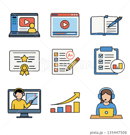 Online learning video tutorial digital notebook certificate checklist report virtual classroom progress chart customer support 135447508