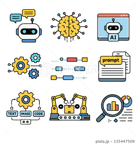 Artificial intelligence icons including chatbot brain AI interface gears flowchart prompt text image code robotic arm and data analysis representing technology and automation concepts Artificial intelligence icons including chatbot brain AI interface gears flowchart prompt text image code robotic arm and data analysis representing technology and automation concepts 135447509