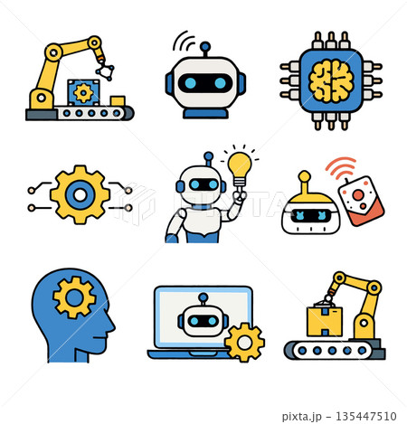 Artificial intelligence robot automation machine learning technology innovation gear brain computer engineering icons illustrate futuristic and creative concepts in modern style 135447510