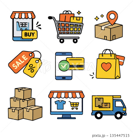 Online shopping icon set shopping cart delivery box sale tag credit card payment shopping bag stacked boxes storefront delivery truck colorful cheerful Online shopping icon set shopping cart delivery box sale tag credit card payment shopping bag stacked boxes storefront delivery truck colorful cheerful 135447515