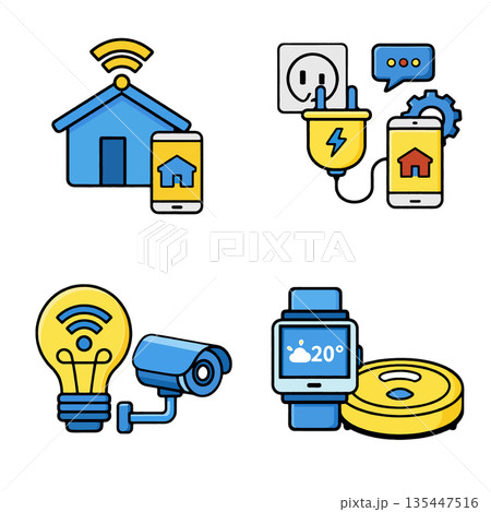 Smart home technology, automation, and security concept with wireless control, energy management, surveillance camera, smart watch, and robotic vacuum cleaner icons Smart home technology, automation, and security concept with wireless control, energy management, surveillance camera, smart watch, and robotic vacuum cleaner icons 135447516