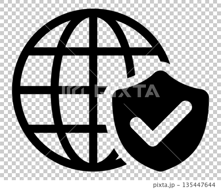 A simple icon of global security, featuring a globe and a shield with a check mark A simple icon of global security, featuring a globe and a shield with a check mark 135447644