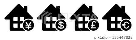 世界の住宅価格と通貨を表す家と通貨マークのアイコンセット 135447823