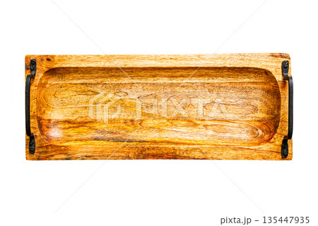 Top view brown rectangular wooden tray with black metal handles isolated on white background. Top view brown rectangular wooden tray with black metal handles isolated on white background. 135447935