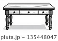 シンプルなモノトーンの学習机と書斎机のアイコン。家具販売、インテリアデザイン、勉強部屋のイメージ。 135448047